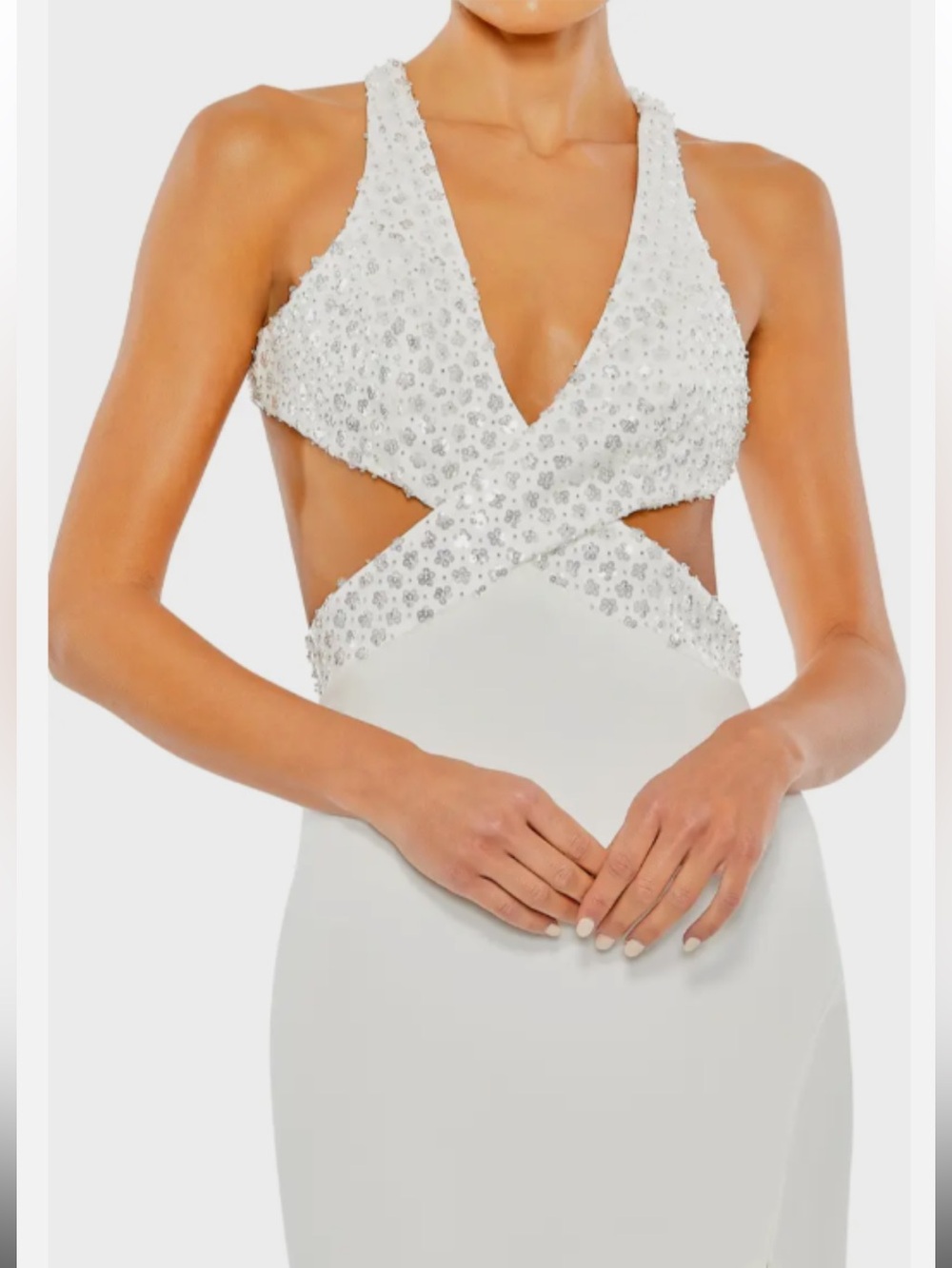 Mac Duggal Floral Sequined Cutout Sheath White Gown Size 0 - Picture 3 of 10
